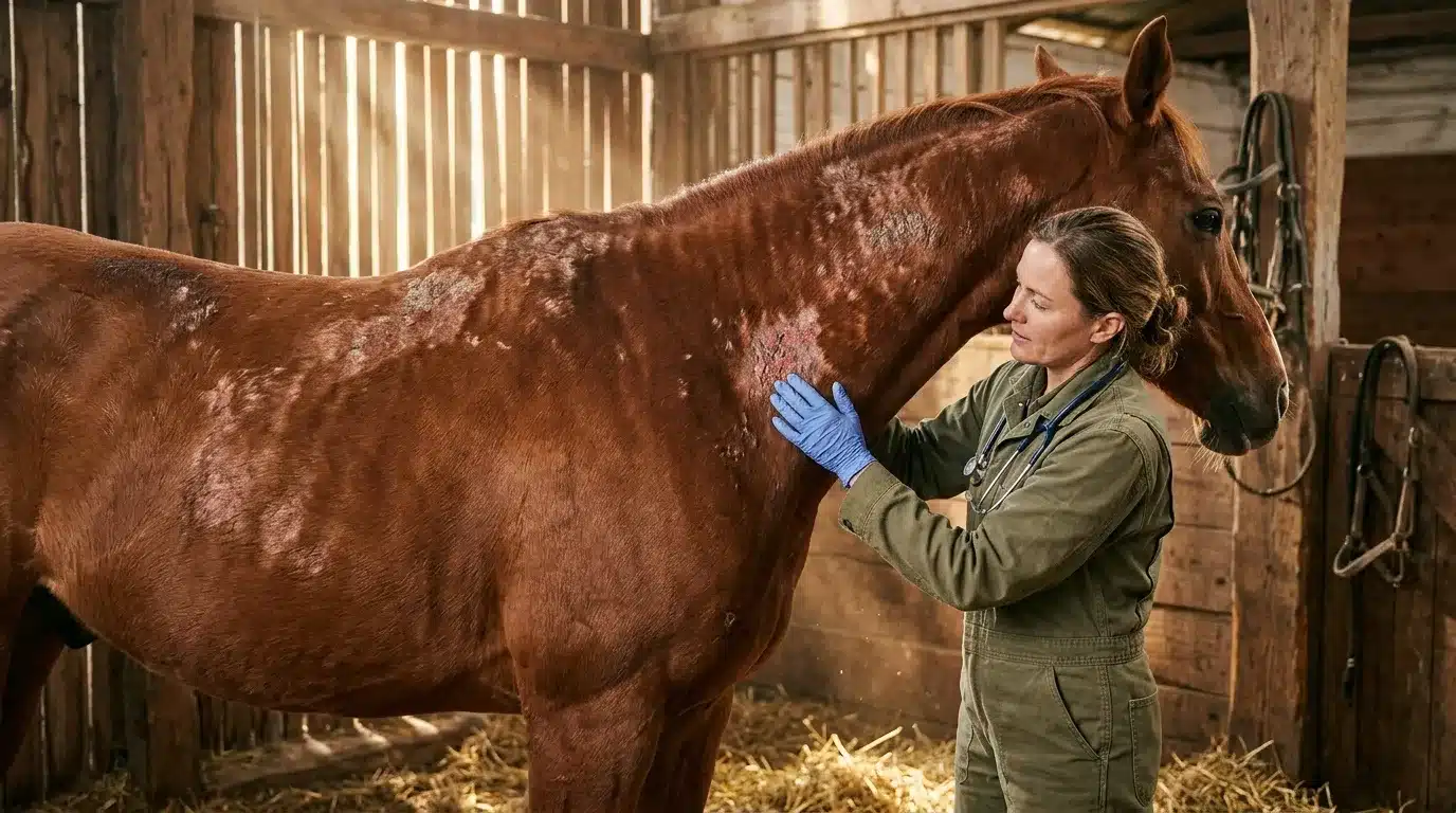 Femme vétérinaire en blouse verte examine un cheval brun à l'écurie