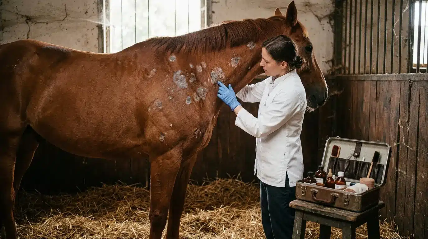 Femme vétérinaire examine un cheval brun à l'écurie