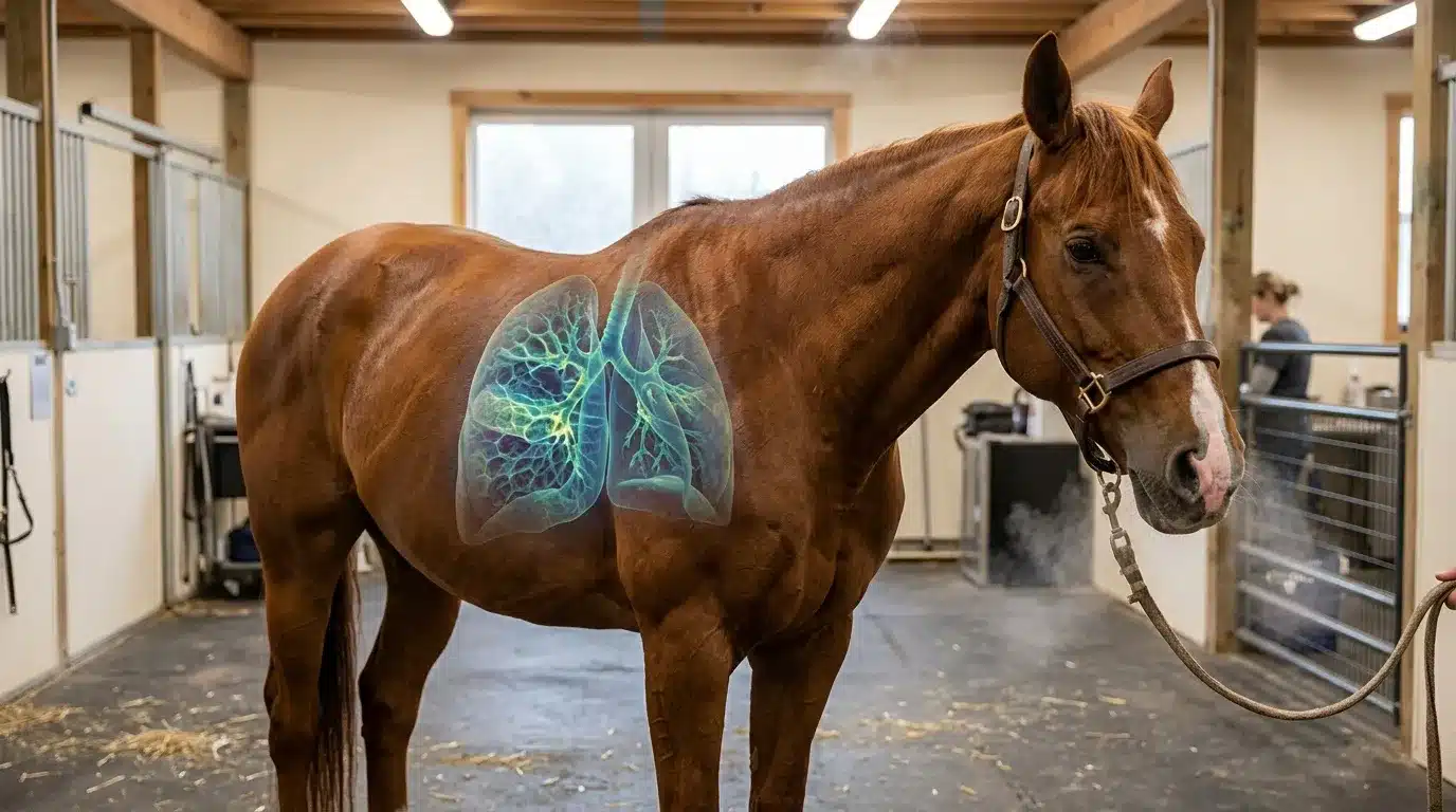 Cheval brun avec overlay anatomique des poumons dans écurie